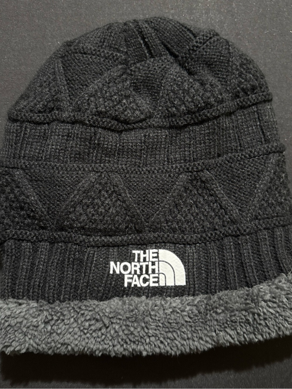The North Face Black Knit Logo Beanie with Sherpa Trim